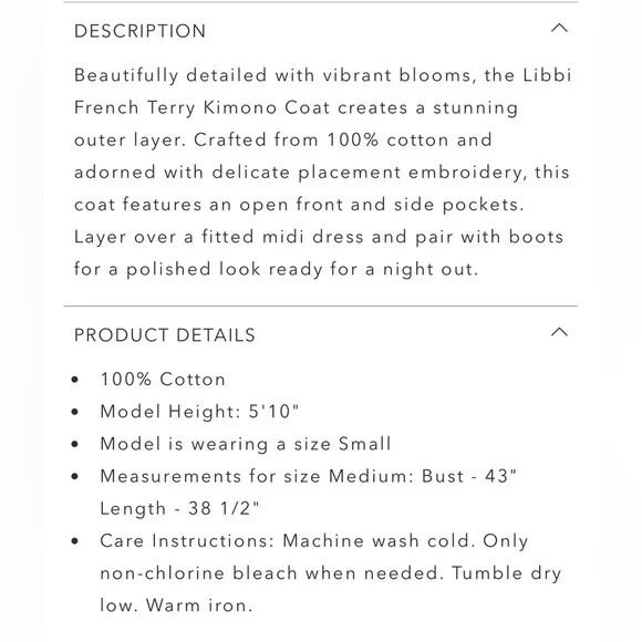 Johnny Was Libby French Terry Kimono Coat black with pink floral embroidery - Picture 6 of 6